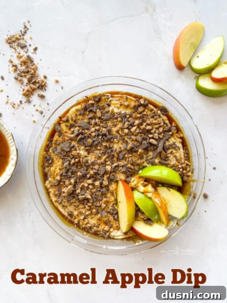 A bowl of Caramel Apple Dip with more apples and pretzels for dipping.