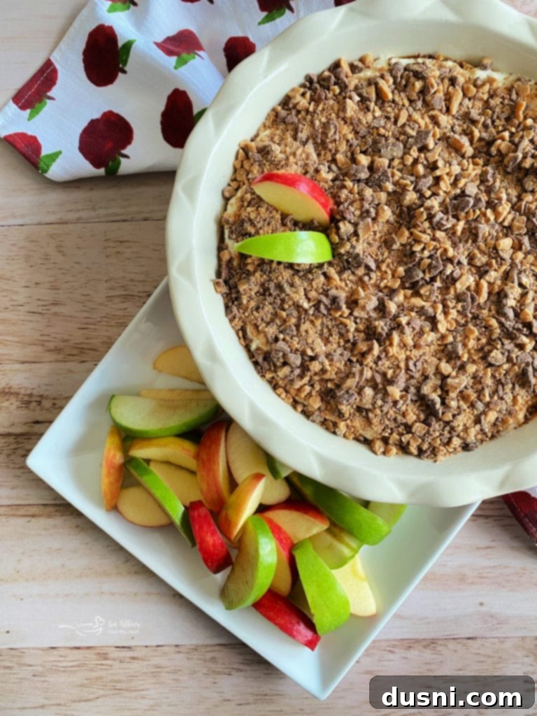 A bowl of caramel dip with toffee bits, surrounded by apple slices.