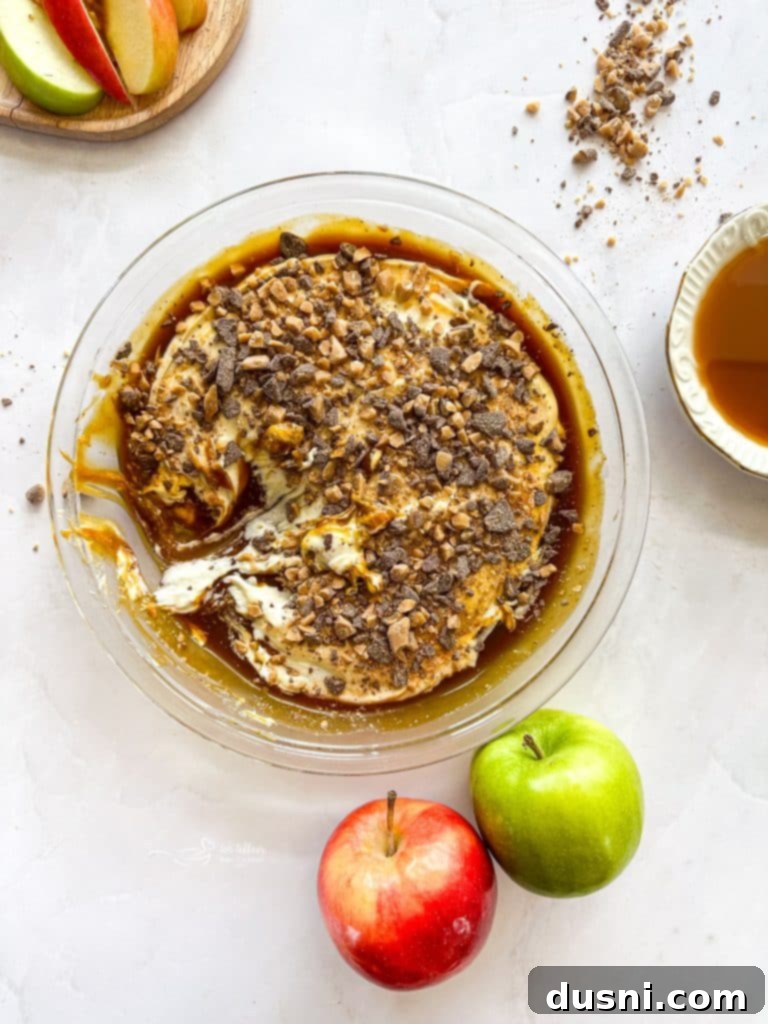 Close-up of the Heath Bar topping on the Caramel Apple Dip.