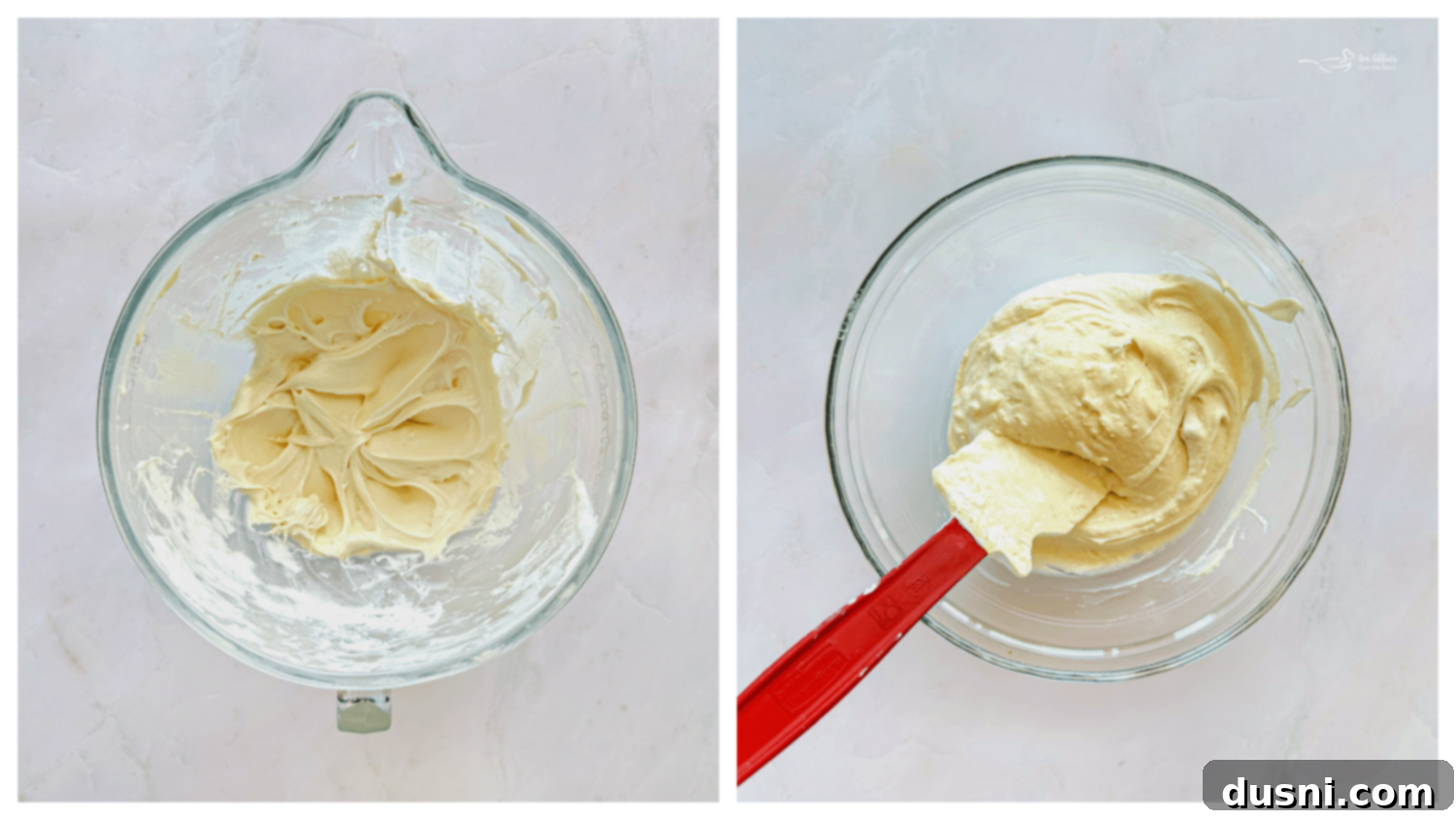 Step-by-step image of combining marshmallow fluff and cream cheese.