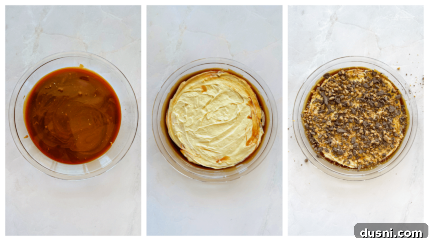Step-by-step image of spreading caramel apple dip into a pie plate.