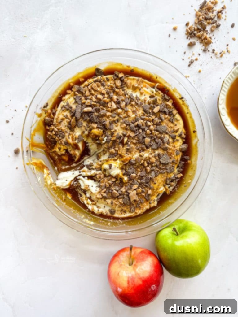 The finished Caramel Apple Dip, topped with Heath Bar bits.