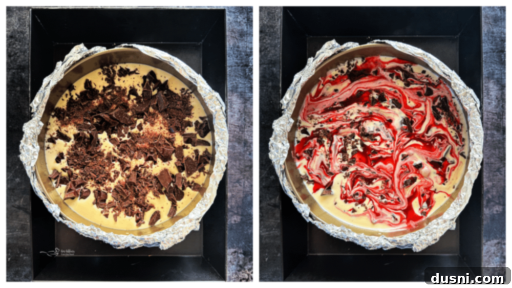 Luxurious White Chocolate Raspberry Truffle Cheesecake 15 Assembling white chocolate raspberry cheesecake in a springform pan with chocolate and raspberry swirl