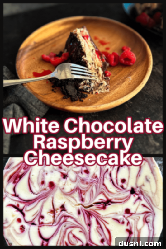 Luxurious White Chocolate Raspberry Truffle Cheesecake 19 White Chocolate Raspberry Cheesecake with a slice removed