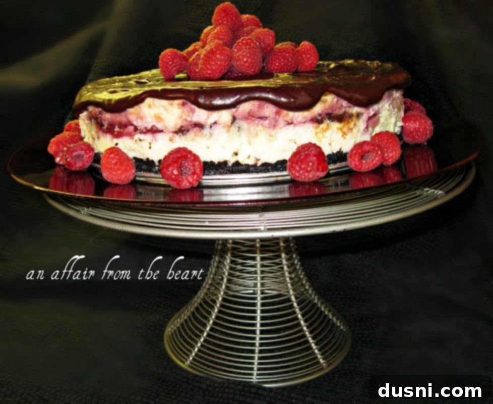 Luxurious White Chocolate Raspberry Truffle Cheesecake 20 White Side view of Chocolate Raspberry Truffle Cheesecake on a cake stand