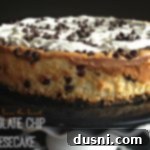 Side view of cheesecake with text "chocolate chip cheesecake"