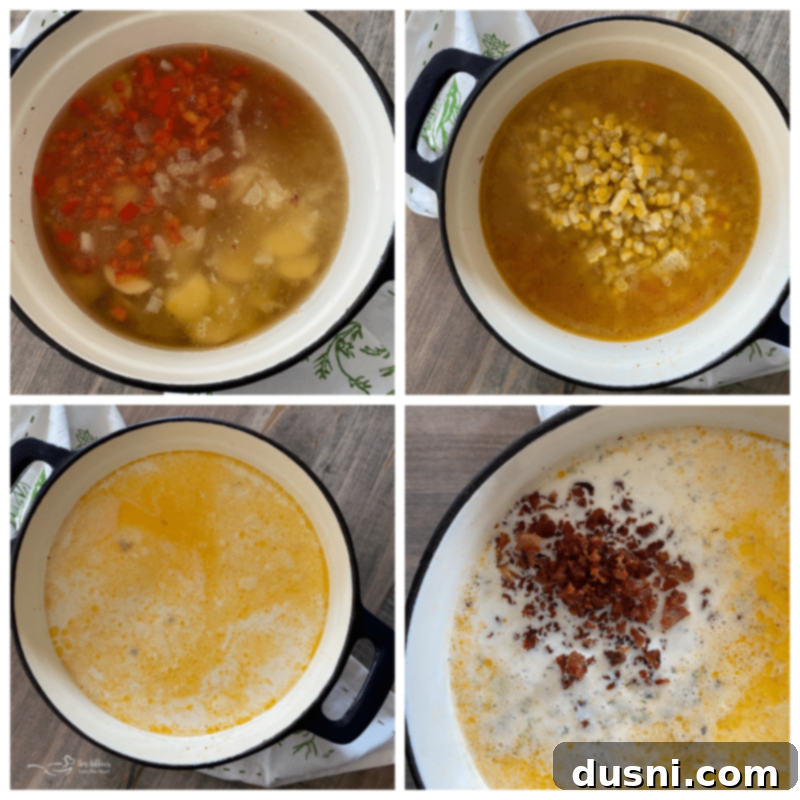 Creamy Sweet Corn & Cheddar Chowder 11 Potatoes, bell pepper, and chicken stock simmering in a Dutch oven.