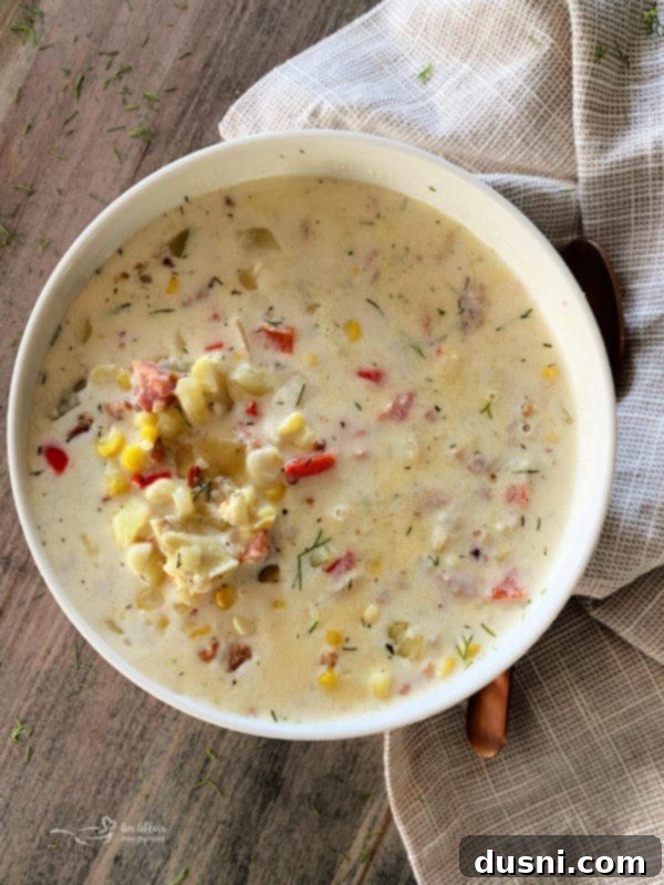 Creamy Sweet Corn & Cheddar Chowder 12 Cheesy Potato Corn Chowder simmering, with cream and dill cheese added.