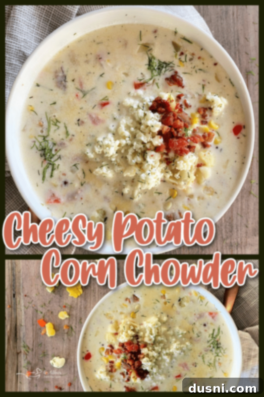Creamy Sweet Corn & Cheddar Chowder 13 A bowl of Cheesy Potato Corn Chowder with a rustic background.