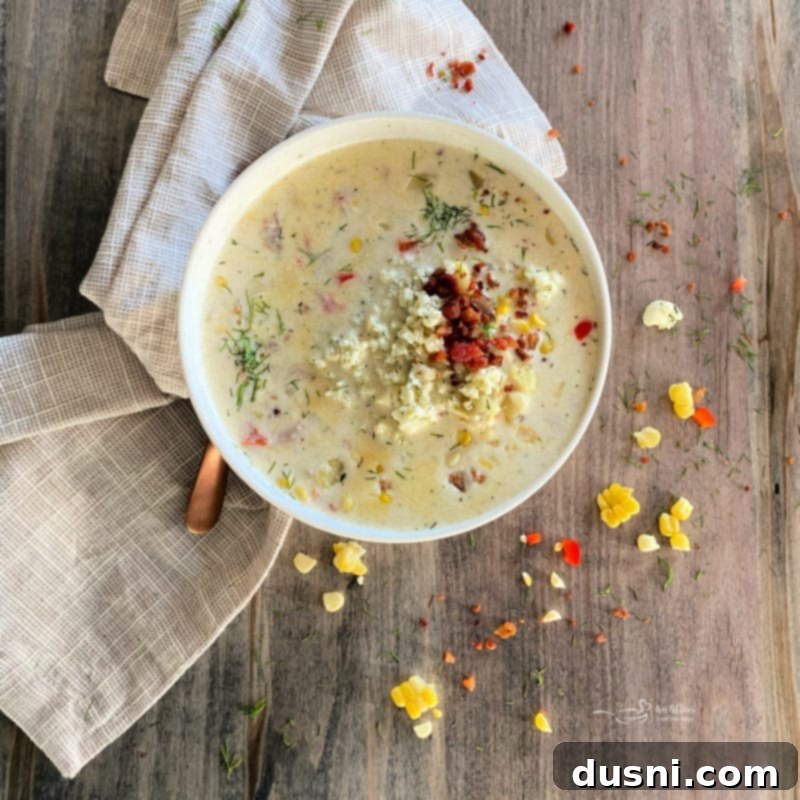 Creamy Sweet Corn & Cheddar Chowder 16 An inviting image of Cheesy Potato Corn Chowder, ready to be served.