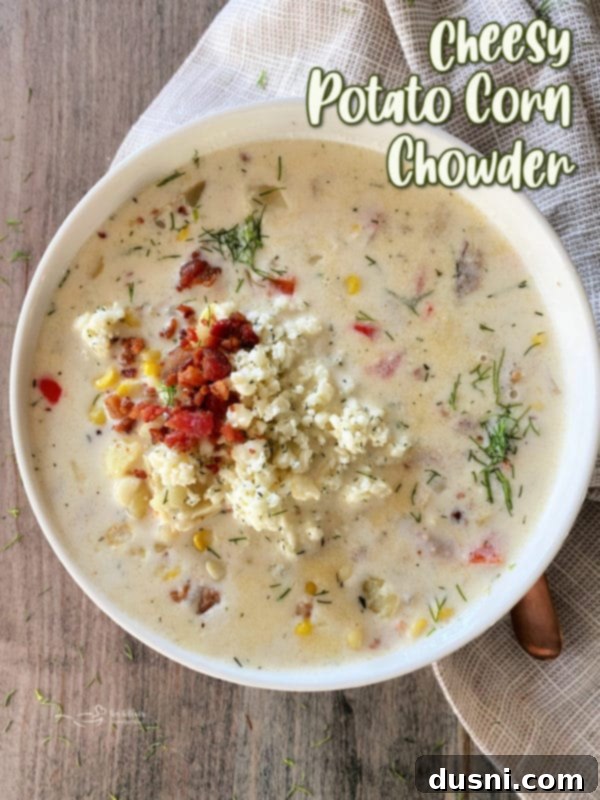 Creamy Sweet Corn & Cheddar Chowder 17 Cheesy Potato Corn Chowder served in a rustic bowl with a spoon.