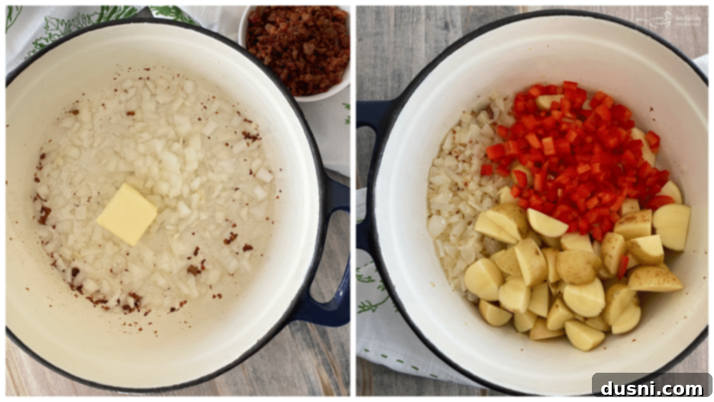 Creamy Sweet Corn & Cheddar Chowder 10 Step-by-step image of potatoes and bell pepper simmering in chicken stock.