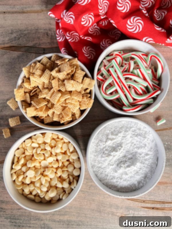 four bowls of chex mix, candy canes, white chocolate, powdered sugar