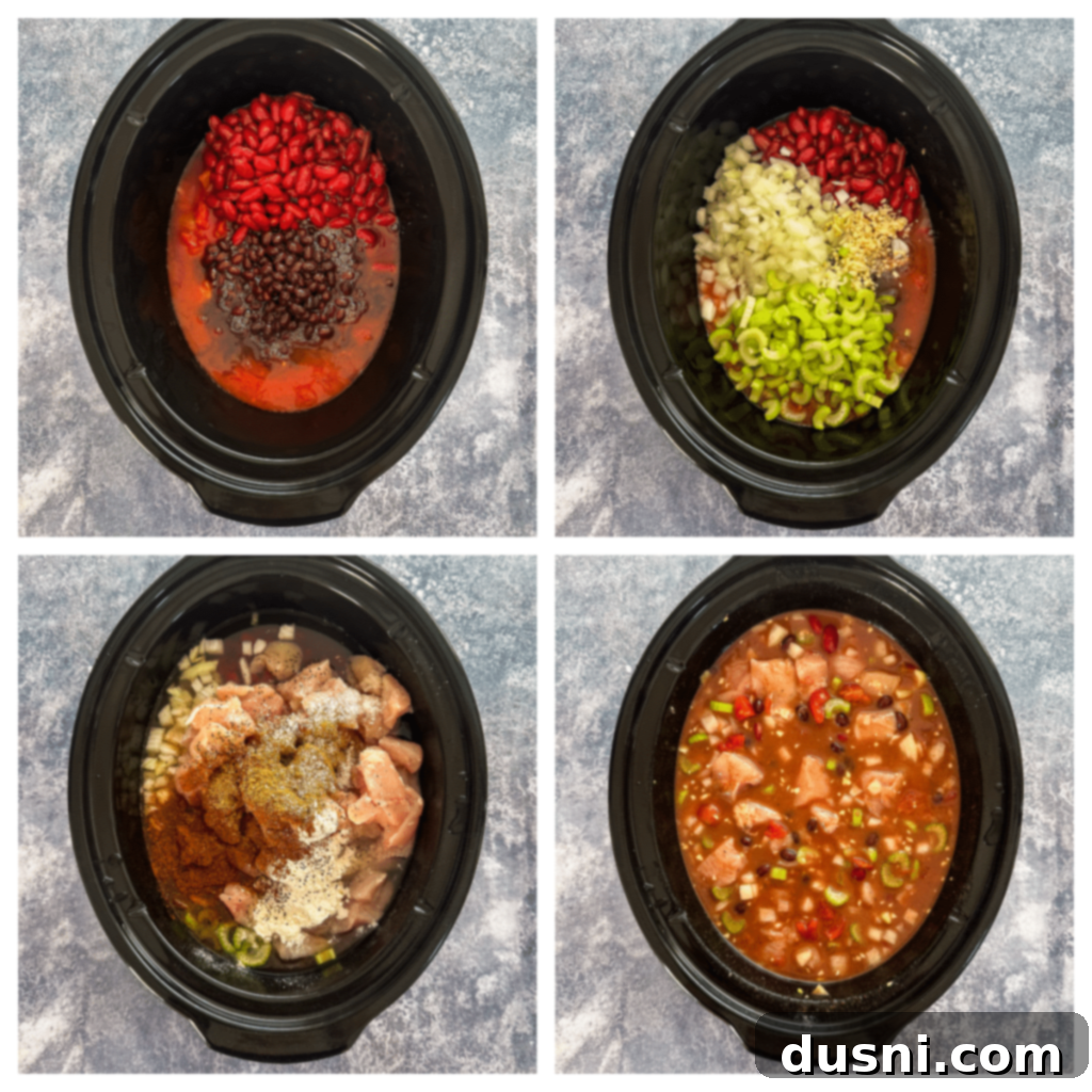 Hearty Slow Cooker Buffalo Chicken Chili 7 Overhead view of a slow cooker filled with all the ingredients for Buffalo Chicken Chili, ready for cooking.