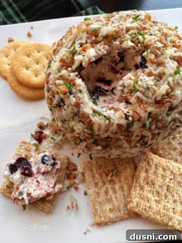 Close-up of Dorothy's Holiday Cheese Ball, garnished with fresh parsley and dried cranberries, ready to serve with crackers.