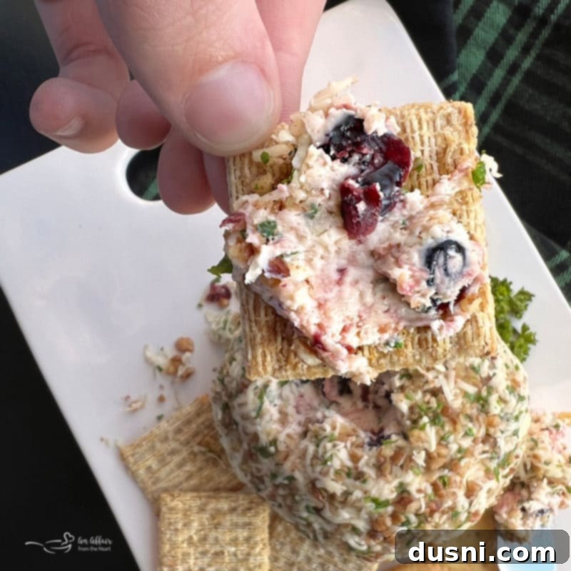 A serving of Dorothy's Holiday Cheese Ball on a cracker, showing its creamy texture and visible cranberries and pecans.
