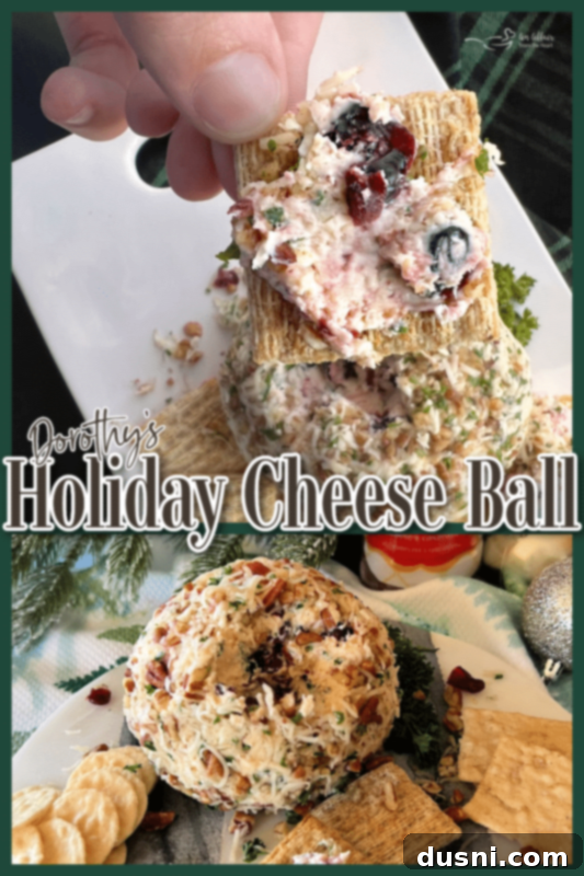 Vertical shot of Dorothy's Holiday Cheese Ball with a serving knife and crackers.