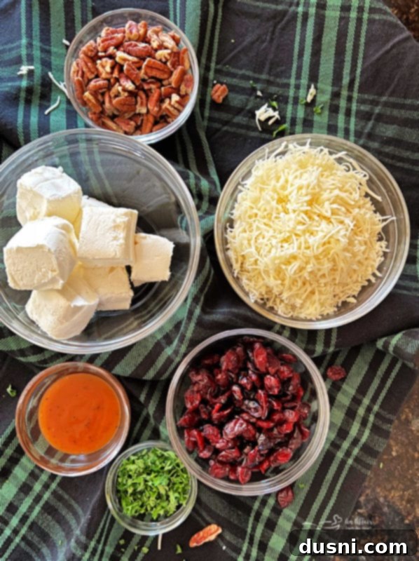 Close-up of a partially eaten Dorothy's Holiday Cheese Ball, showing the cranberry and pecan coating.