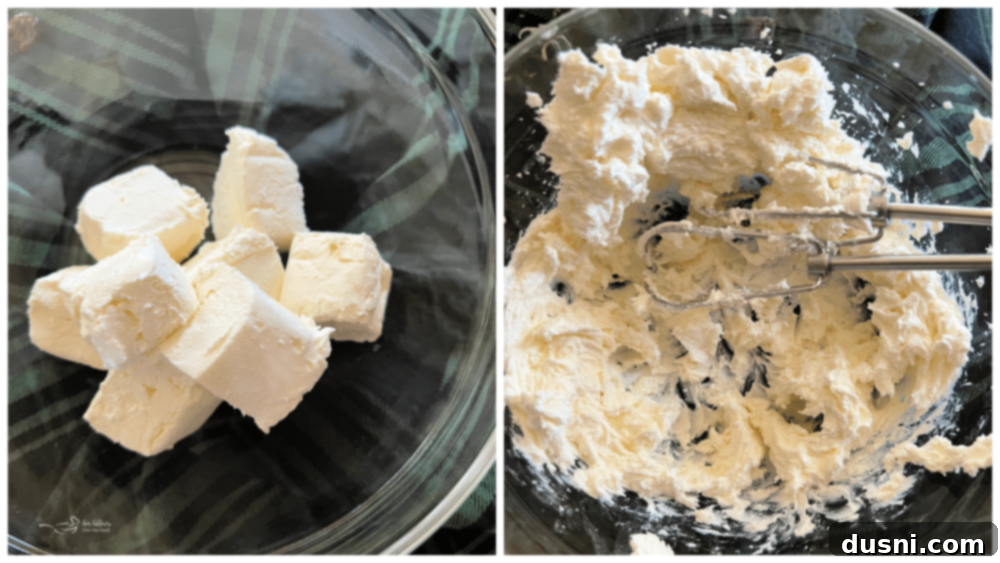 Step one: Cream cheese being beaten until smooth in a mixing bowl with an electric mixer.