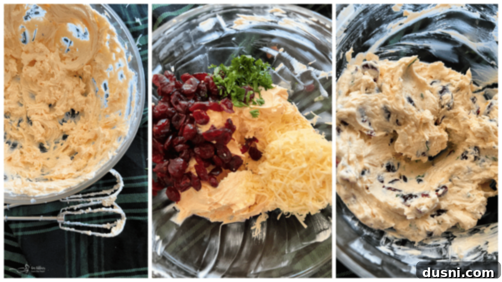 Step two: Dorothy Lynch dressing, cranberries, Havarti cheese, and parsley being mixed into the beaten cream cheese.