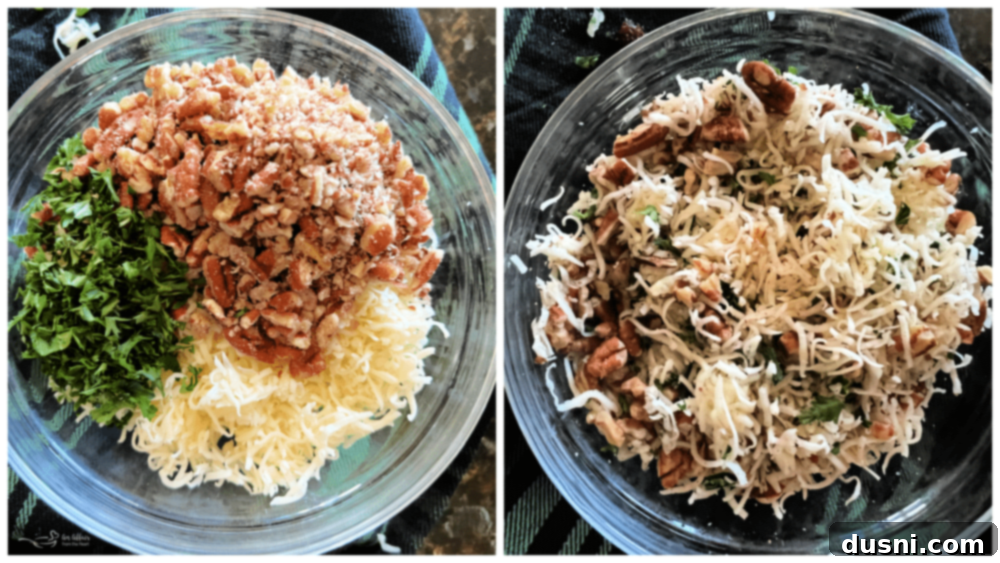 Step three: Remaining shredded cheese, parsley, and chopped pecans being mixed in a separate bowl.