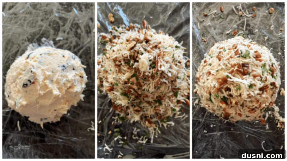 Step four: A cheese ball being formed and rolled in the pecan mixture on plastic wrap.