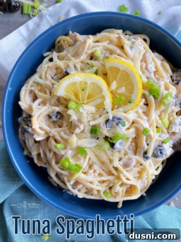 Graphic for tuna spaghetti with appealing visuals and recipe title
