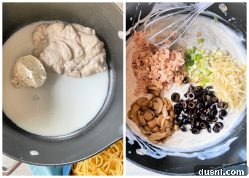 Tuna spaghetti ingredients and instructions shown in a graphic format