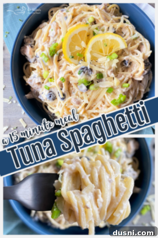 Graphic for tuna spaghetti recipe with appealing visuals