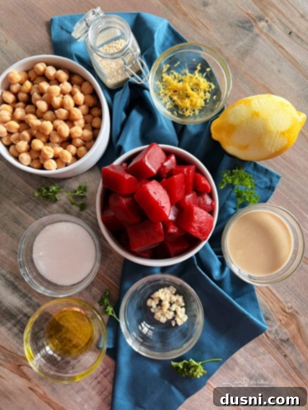 chickpeas, tahini, sesame seeds, lemon, beets, salt, oil, garlic, parsley