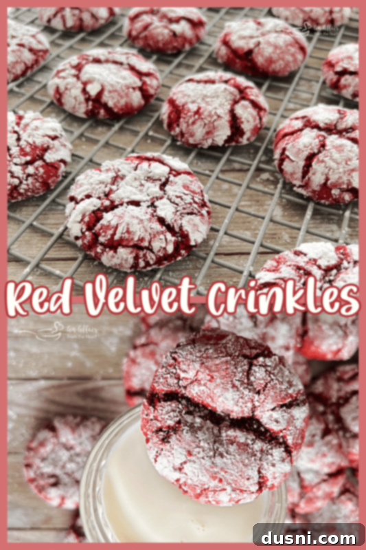 Red Velvet Crinkles Red Velvet Crinkle Cookies cooling on a wire rack with overlay text for the recipe title.
