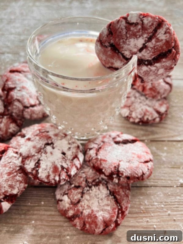 Crimson Velvet Crinkle Cookies 4 A close-up shot of a red crinkle cookie being dipped into a glass of milk.