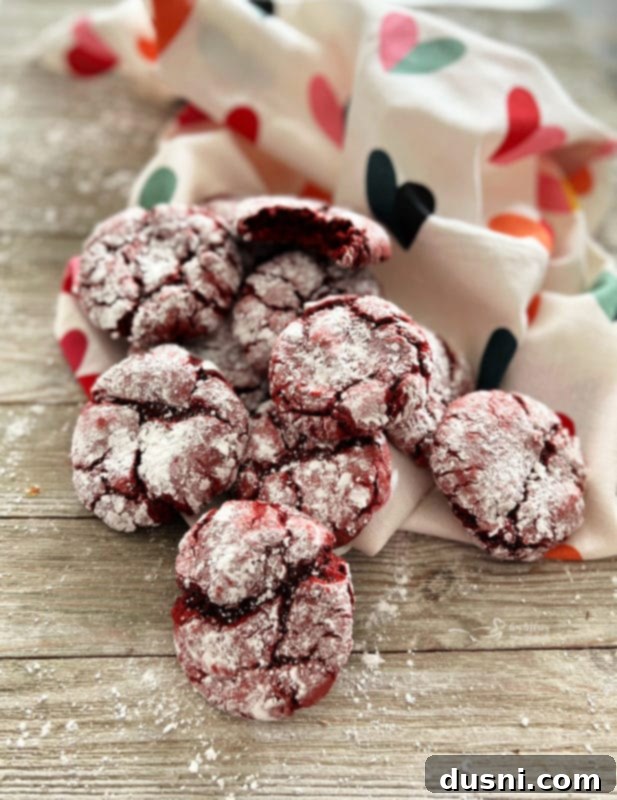 Crimson Velvet Crinkle Cookies 2 Close-up of red crinkle cookies covered in powdered sugar, arranged appealingly.