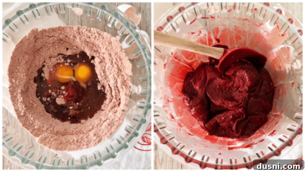 Red Velvet Cookies Adding eggs and oil to red velvet cake mix in a bowl and stirring with a spoon to combine.