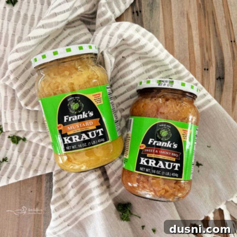 Jars of Frank's Mustard Kraut with Dill Pickle Relish and Frank's Sweet & Smoky BBQ Kraut with Brown Sugar & Spices.