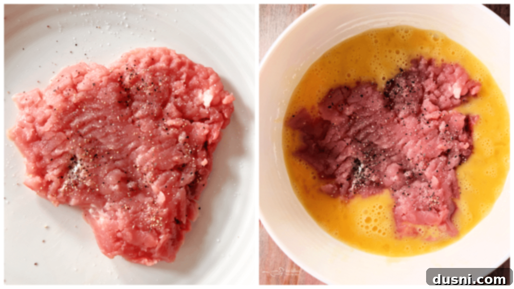 A hand seasoning a pork cutlet with salt and pepper.