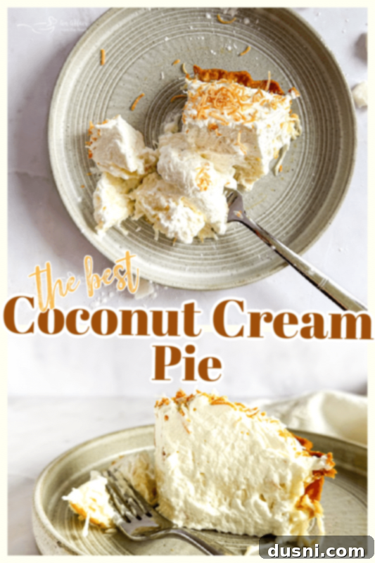 A perfectly sliced piece of Coconut Cream Pie showing layers of crust, custard, and whipped cream