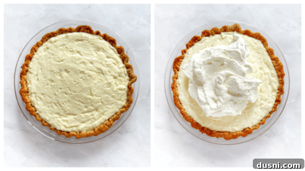 Step-by-step image: coconut cream pie covered with plastic wrap, chilling in the refrigerator