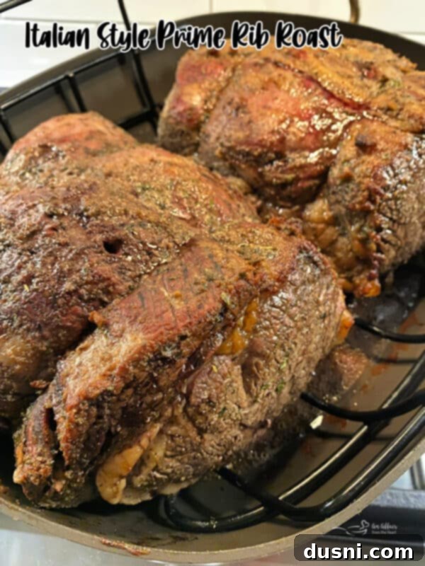 Stunning hero shot of the Italian Style Prime Rib Roast, ready to be served