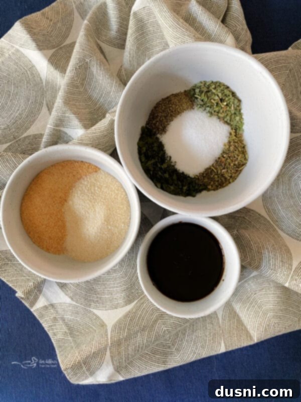 Ingredients for Italian Prime Rib laid out, including roast, Worcestershire, and spices