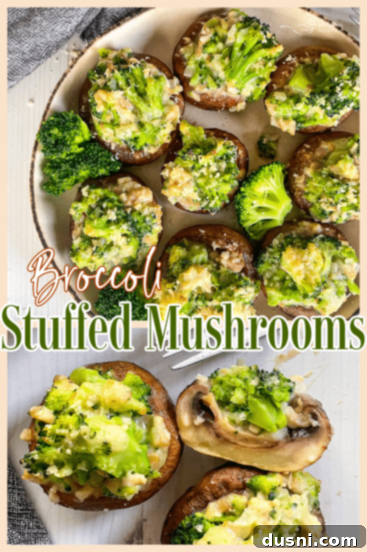 Stuffed Mushrooms A collage of two images showing broccoli stuffed mushrooms with a graphic overlay, perfect for Pinterest.