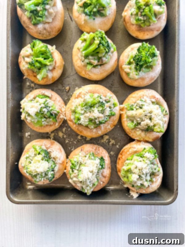Stuffed Mushrooms with Broccoli and Cheese Mushroom caps generously filled with the broccoli and cheese mixture, sprinkled with Parmesan, on a baking tray.
