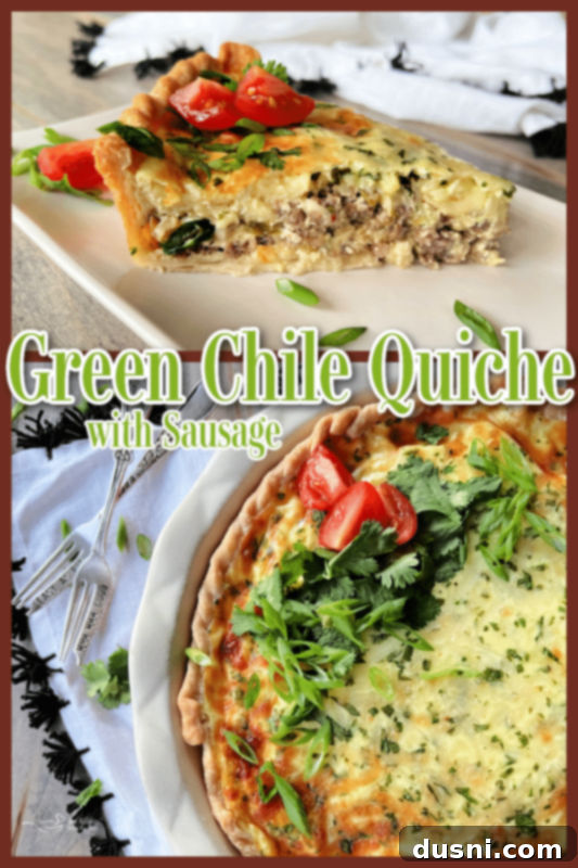 Green Chile Quiche with Sausage on a plate with garnishes
