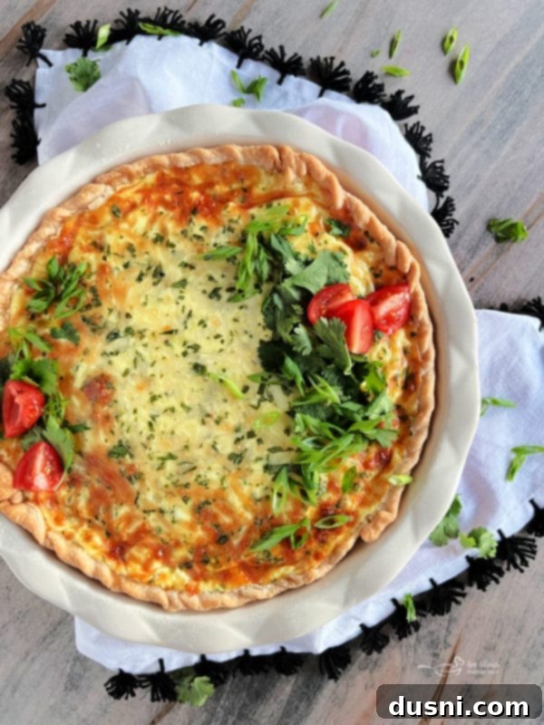 Full Green Chile Quiche with Sausage, overhead view