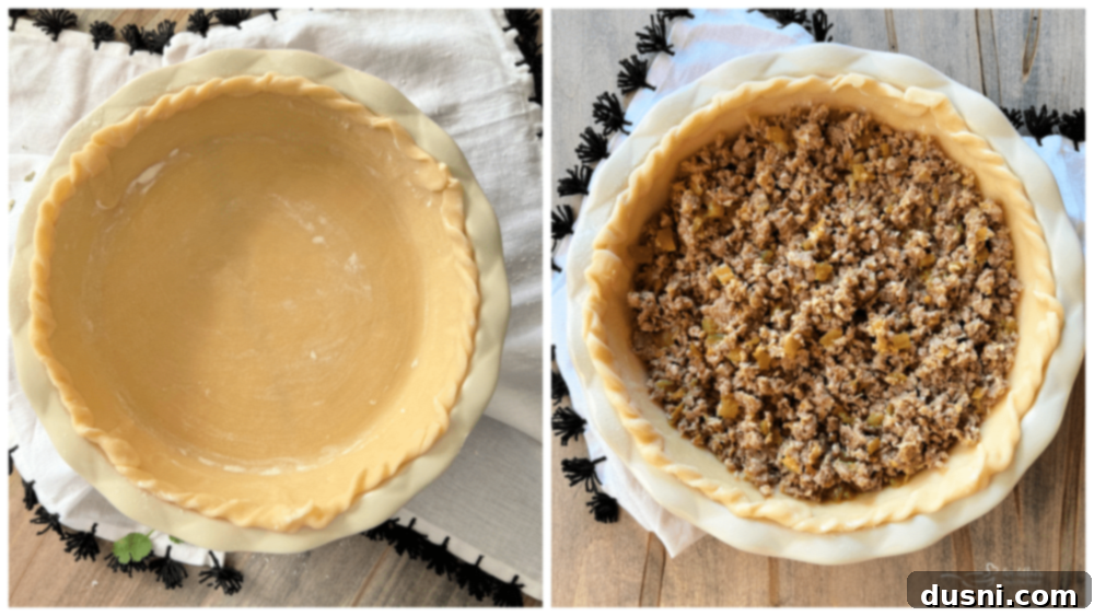 Pie crust with flour and sausage mixture