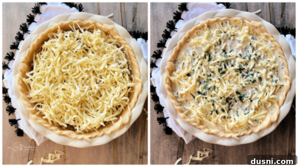 Shredded Monterey Jack cheese on top of quiche filling