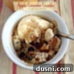 Apple Cinnamon Crumble 2 Overhead of apple cinnamon crumble with vanilla ice cream and text "apple cinnamon crumble"