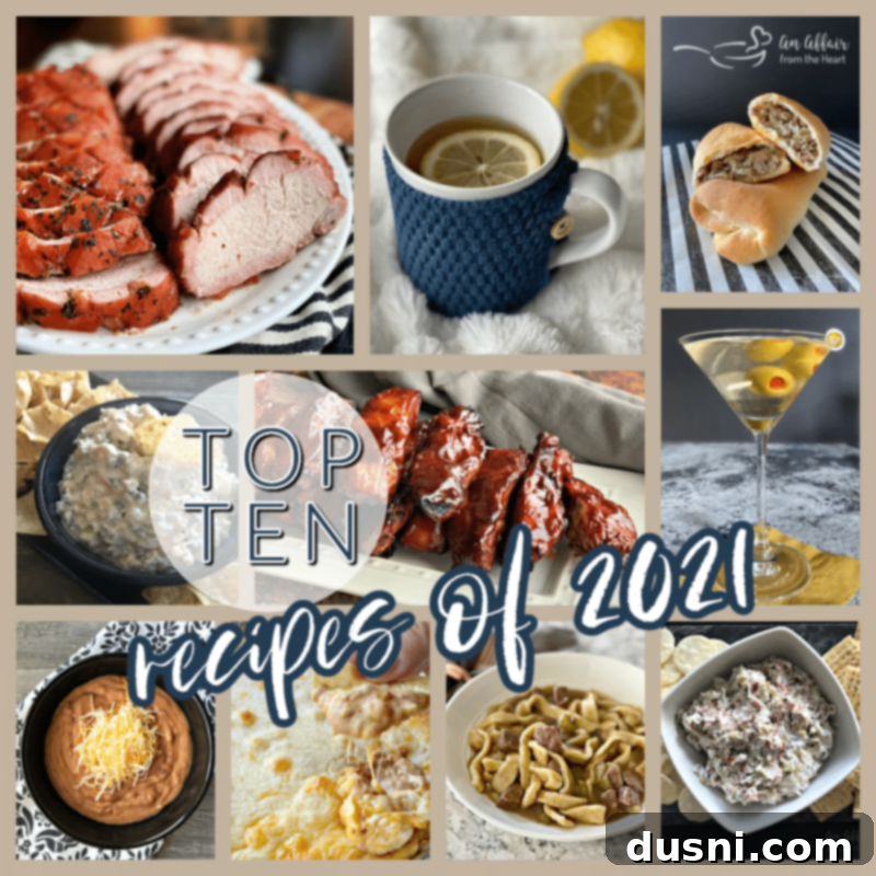 A festive image showcasing 'Top TEN of 2021' with various delicious dishes, inviting readers to discover the year's most loved recipes.