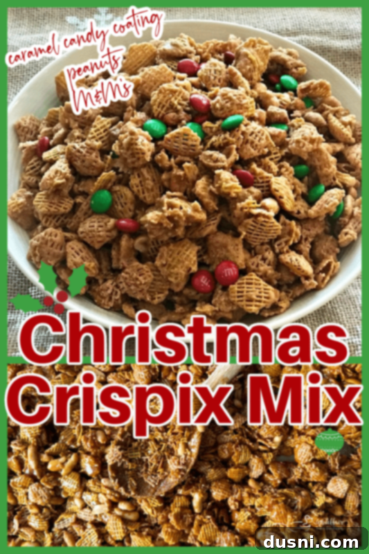 A beautiful vertical shot of Christmas Crispix Mix in a bowl with a festive backdrop.
