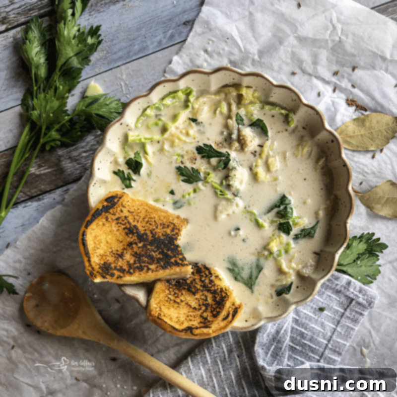 Savory Creamy Cabbage and Bleu Cheese Soup 10 Creamy Cabbage & Bleu Cheese Soup in a bowl, ready to serve.